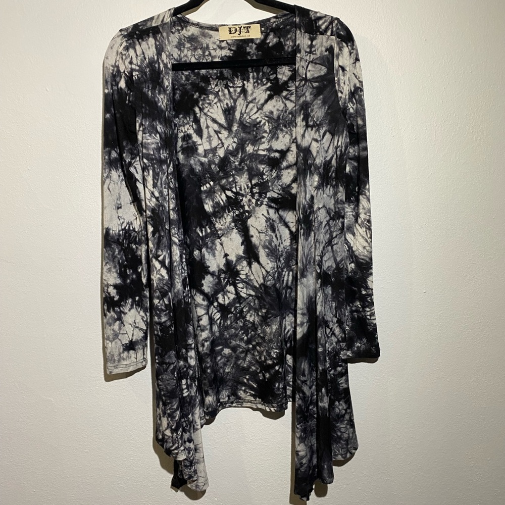 Juniors Black Gray Tie Dye Marble Lightweight Open Front Cardigan Size Medium